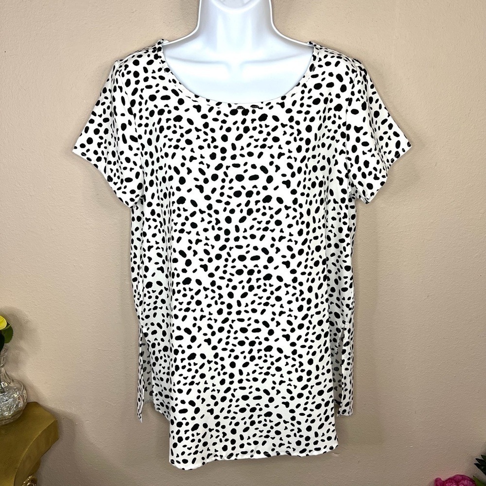 M Mary Square Dalmatian Print Short Sleeve Flowy Blouse Medium 8 10